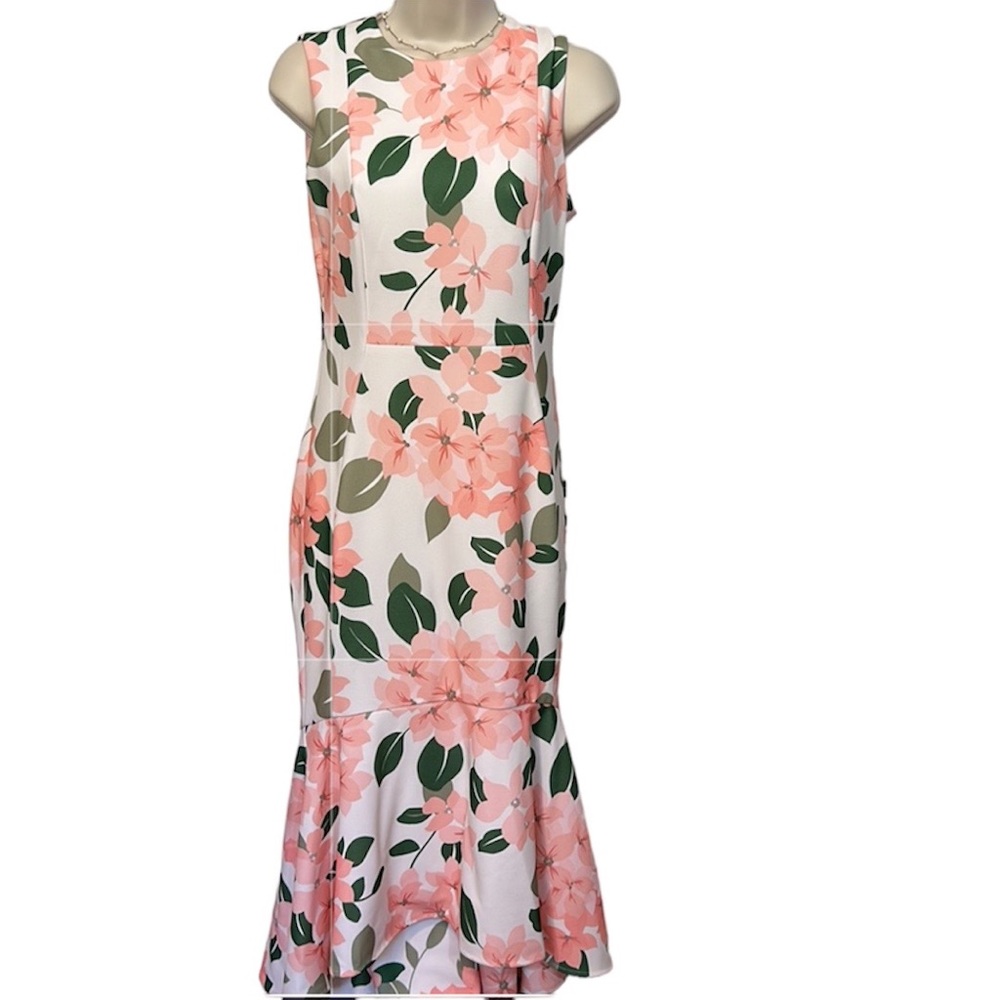 NWT Calvin Klein Pink Floral Sleeveless Ruffle Hem Maxi Dress